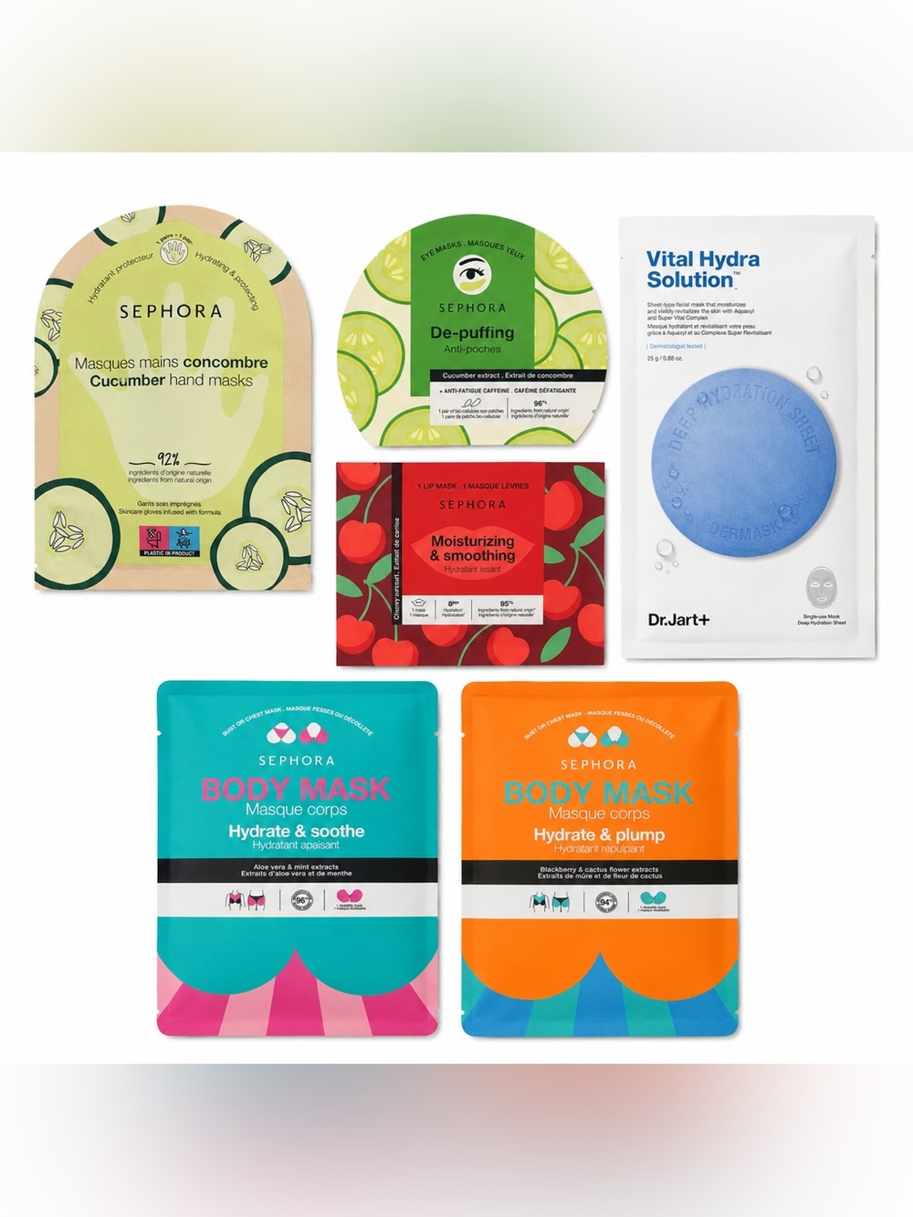 Dr. Jart & Sephora Body & Face Mask Set: Face Eyes Lips‎ Hands Body Masks(2)